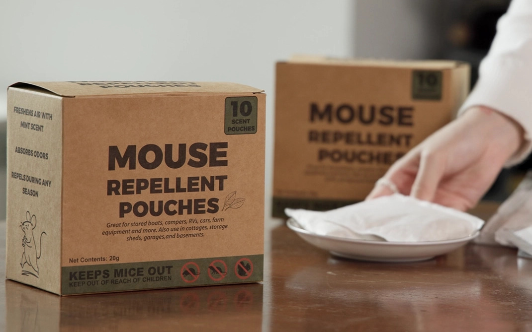 PestVault mouse repellent pouches and box on a kitchen table