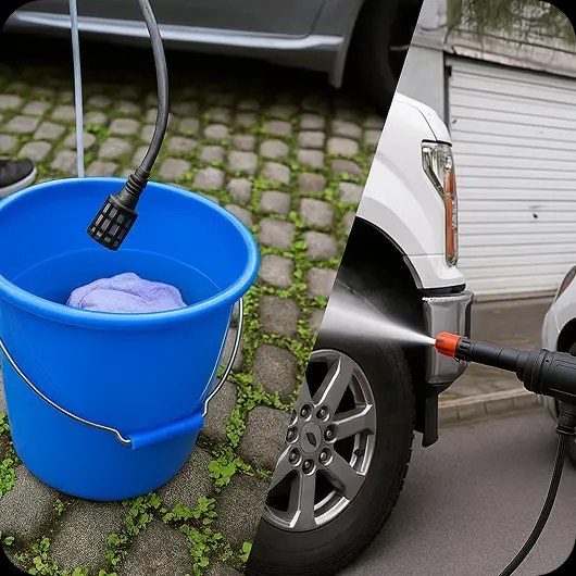 The Power Stream pressure washer filter feed sitting in a bucket of water next to a car wheel being rinsed