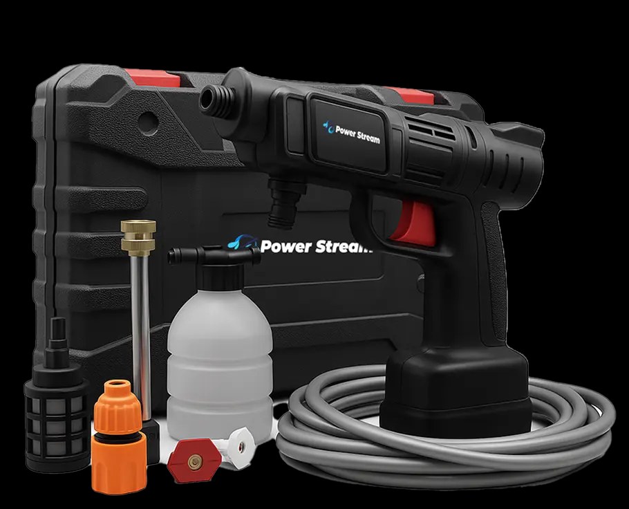 The Power Stream cordless pressure washer with its carry case, foam tank, nozzles, hose, and filter feed