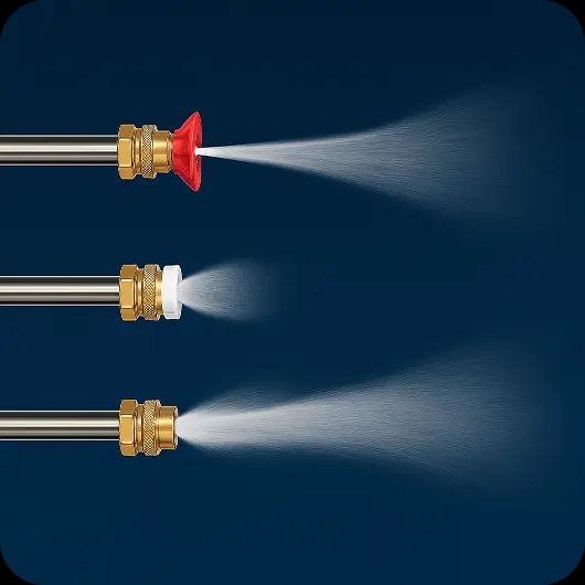 The three Power Stream pressure washer nozzle tips spraying different water patterns