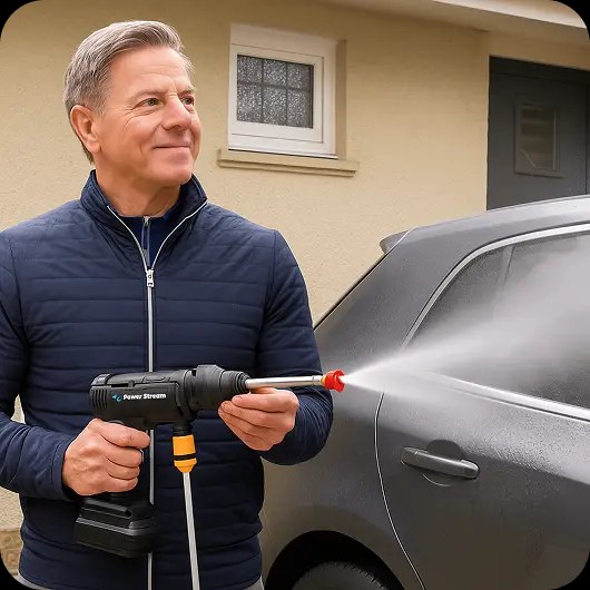 A person using the Power Stream cordless pressure washer to wash a car in a driveway