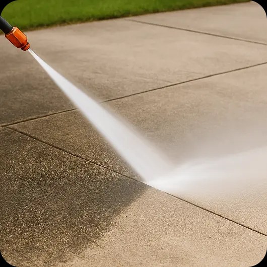 The Power Stream cordless pressure washer rinsing a concrete driveway