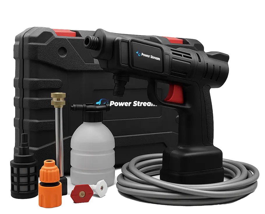 The Power Stream cordless pressure washer kit with battery, soap bottle, hose, and nozzle attachments
