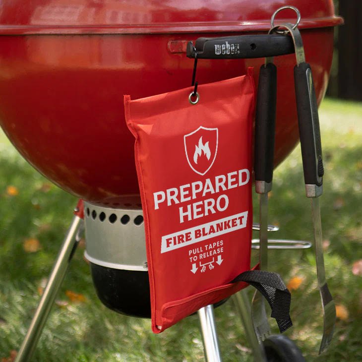 Prepared Hero fire blanket hanging on the handle of an outdoor charcoal grill