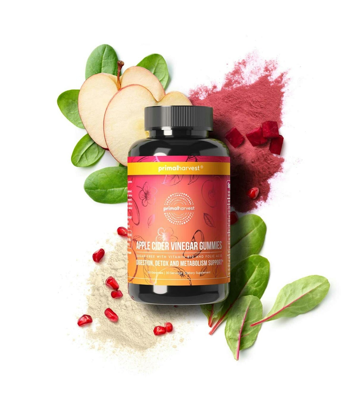 Primal Harvest ACV Gummies bottle surrounded by apple slices, beetroot powder, pomegranate seeds and leafy greens