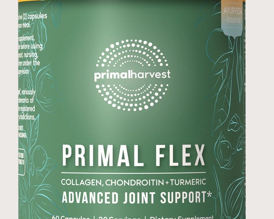 Close-up of the Primal Flex label reading Collagen, Chondroitin and Turmeric, Advanced Joint Support