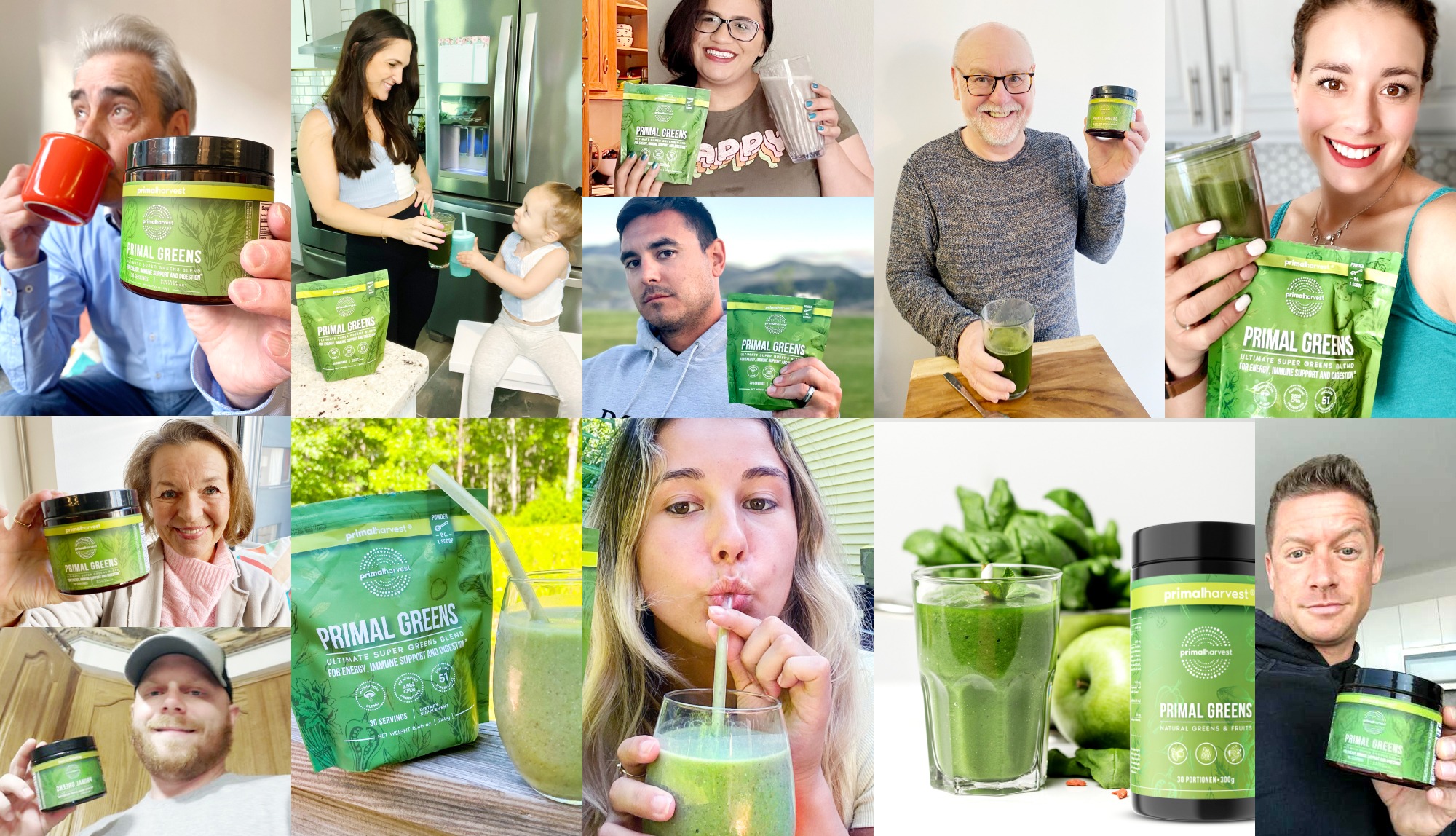 A grid of Primal Greens customers holding the pouch and drinking green smoothies