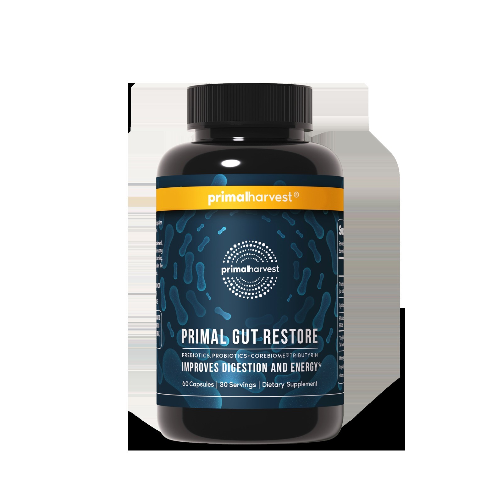 A bottle of Primal Gut Restore by Primal Harvest, 60 capsules and 30 servings, on a white background