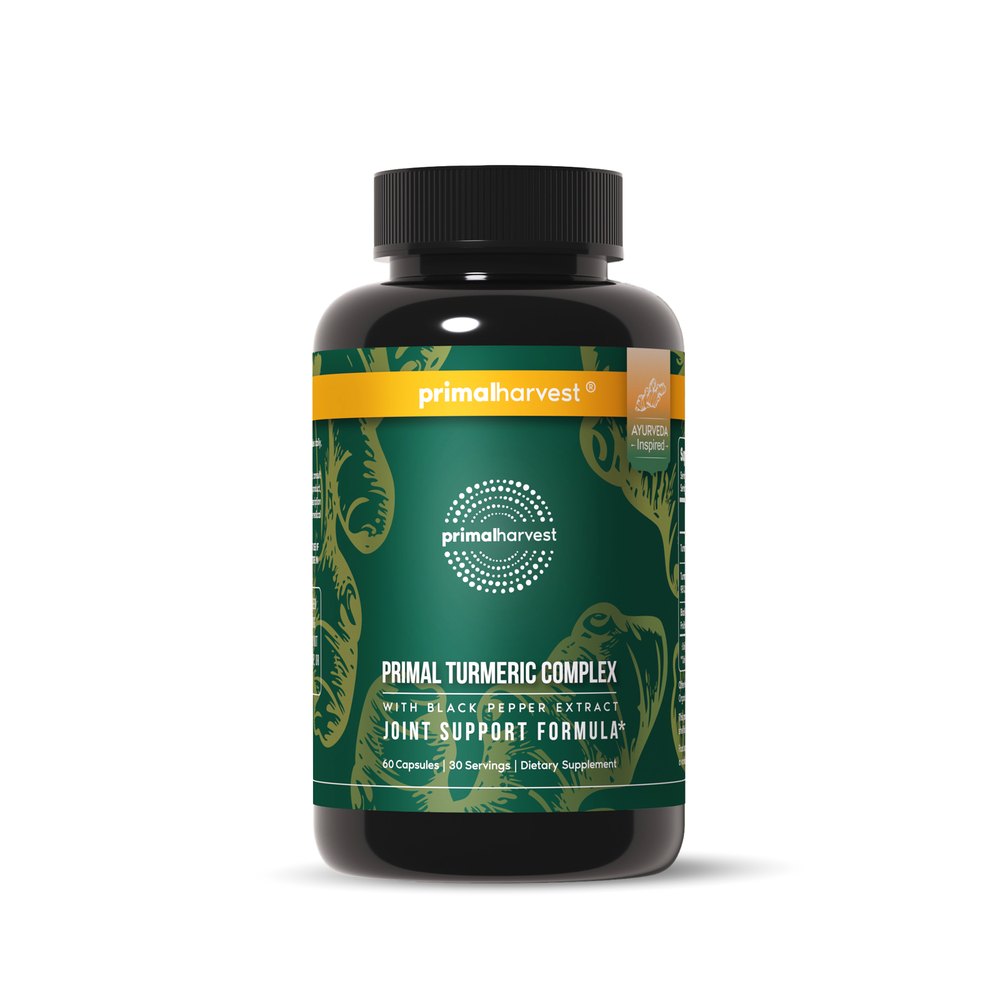 Primal Turmeric Complex supplement bottle on a white background