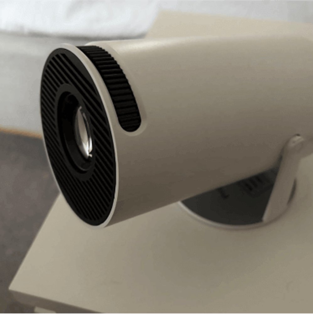 Close-up of the Projector Go lens and vented front housing