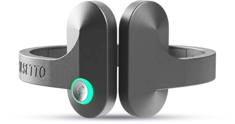Pulsetto vagus nerve stimulator collar with its power button lit green