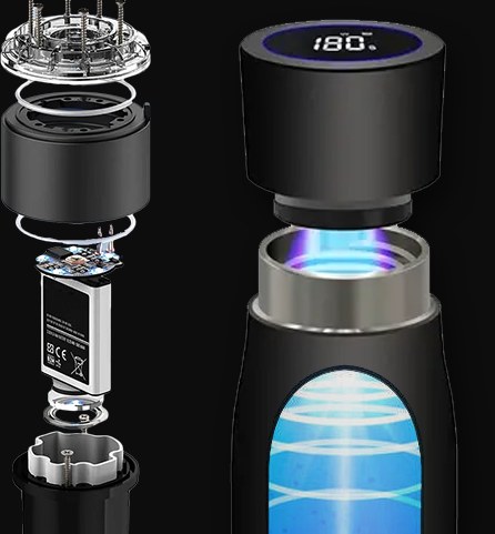 Cutaway of the Pura UV smart bottle showing the UV-C LED cap, rechargeable battery, and double-wall body