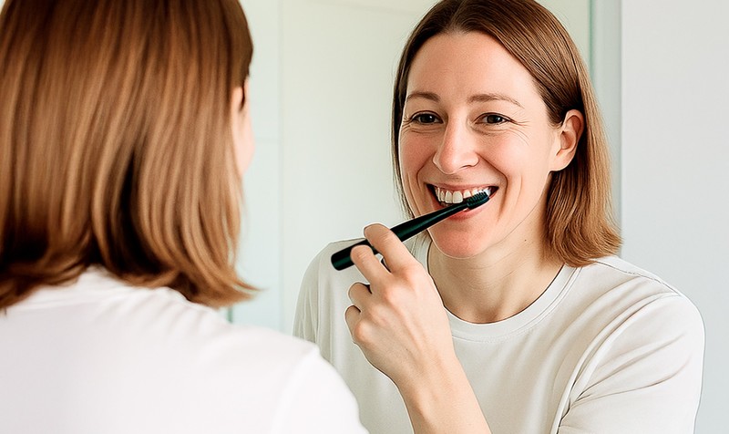 Person brushing their teeth in a bright bathroom as part of a whitening routine