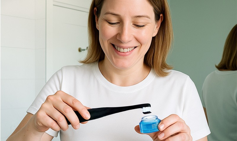 Dipping a toothbrush into the open PurelyWHITE Deluxe powder jar