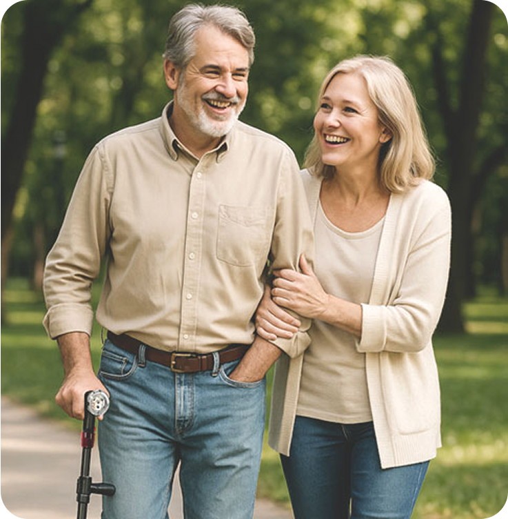 Older couple walking outdoors, one using the Ready Walker folding cane for support