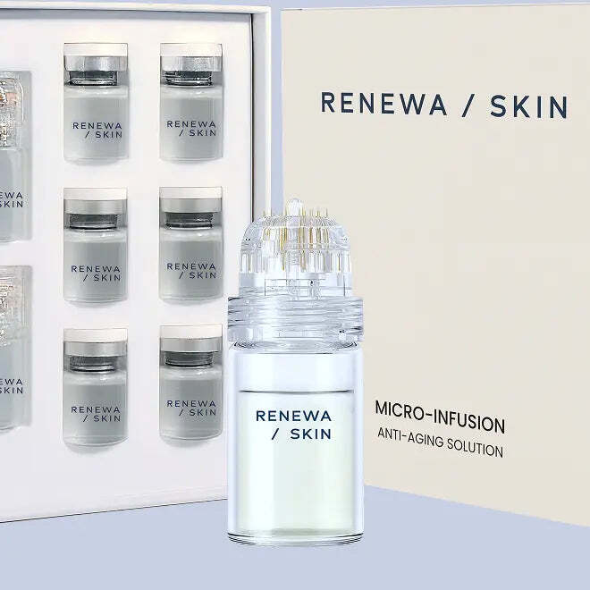 RenewaSkin Micro Infusion System gold-needle applicator shown with its serum vials and anti-aging kit box