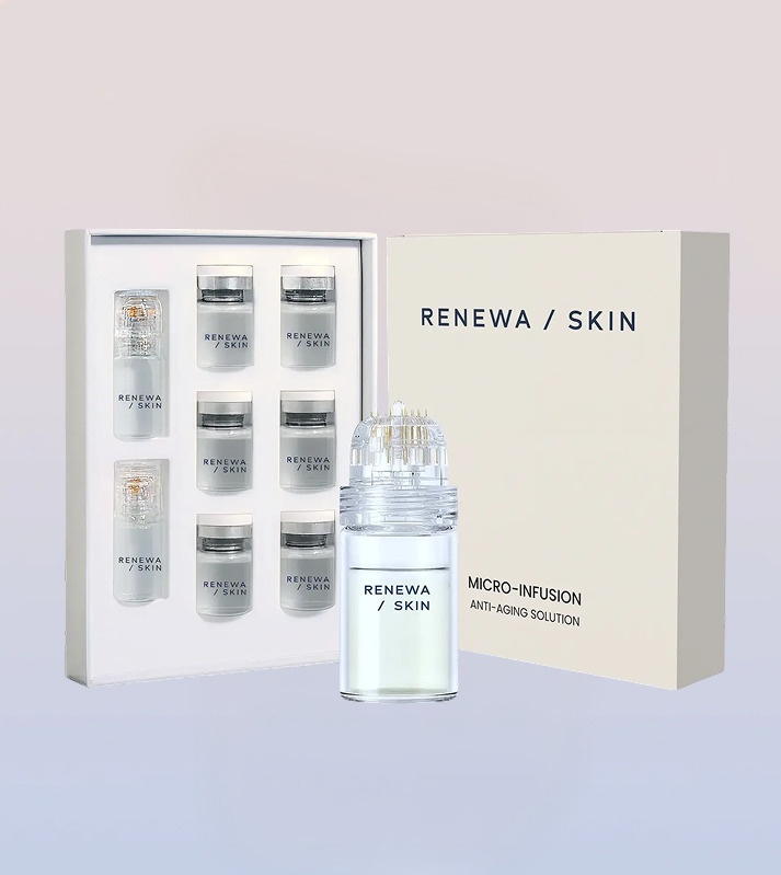 RenewaSkin Micro Infusion System kit showing the gold-needle applicator and serum vials next to the product box