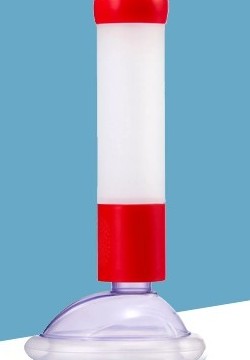 The ResQVac anti-choke suction device showing its mask and plunger body