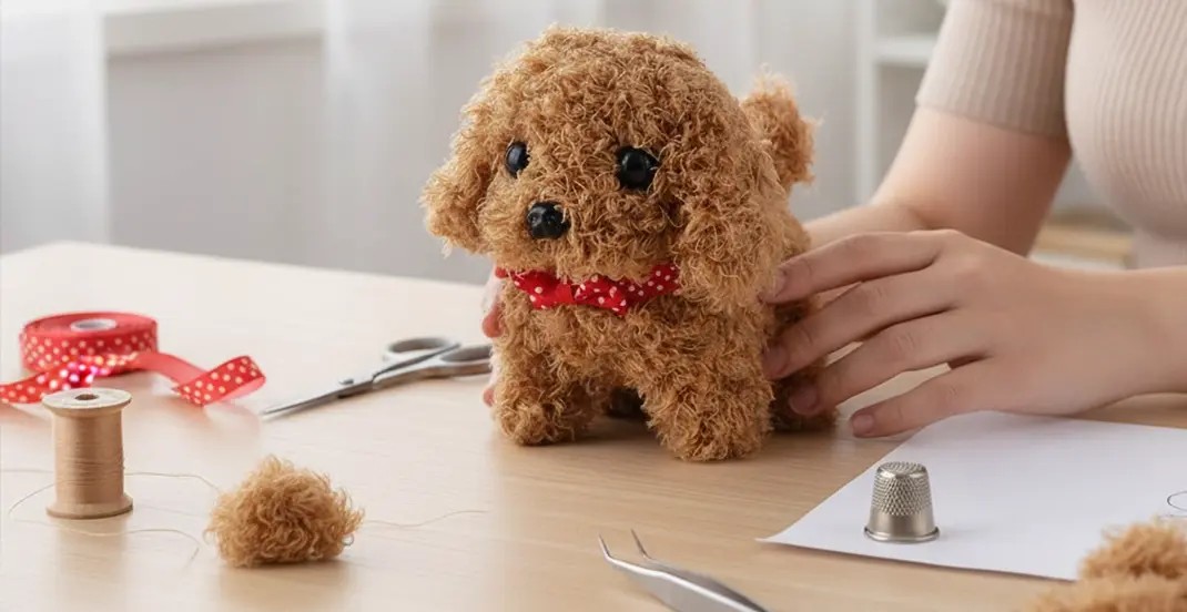 A person's hands petting the RoboPaw plush robot puppy on a table