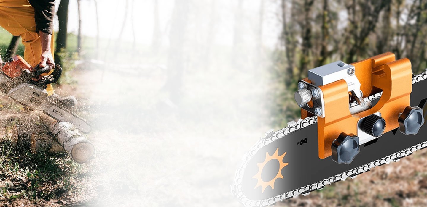 Person cutting logs in a forest with the Sherem saw sharpener product shown beside them