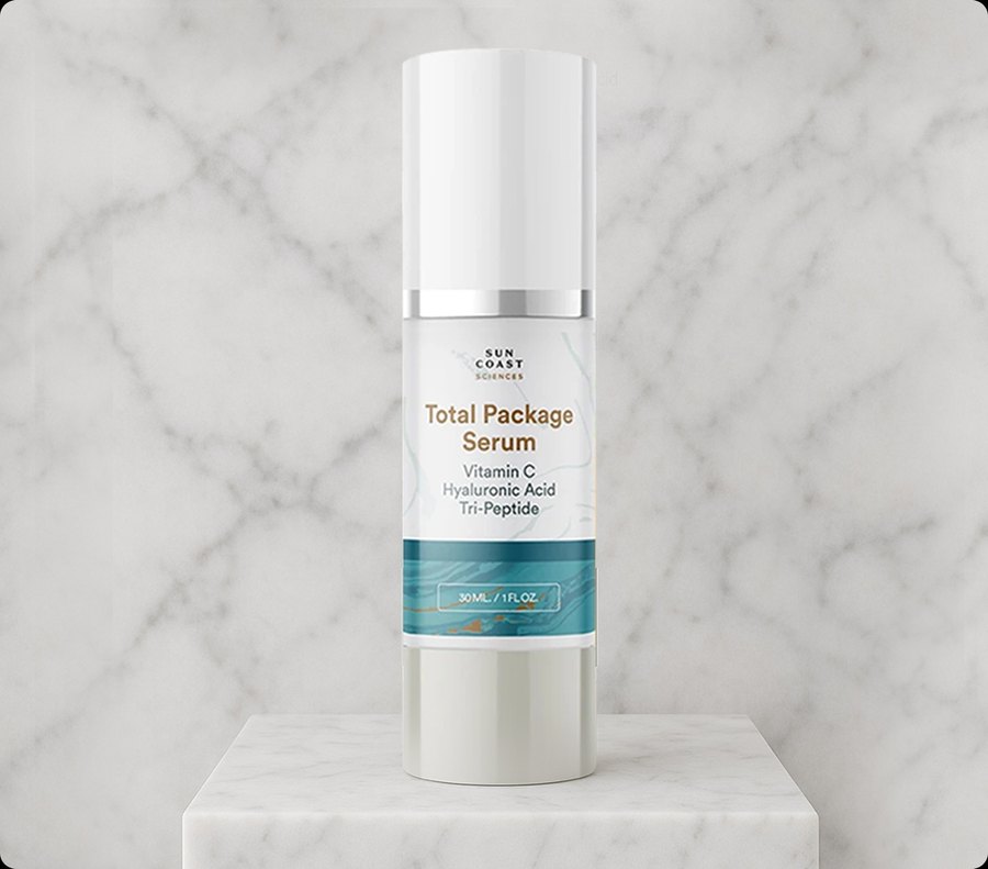 Sun Coast Sciences Total Package Serum airless pump bottle on a marble stand