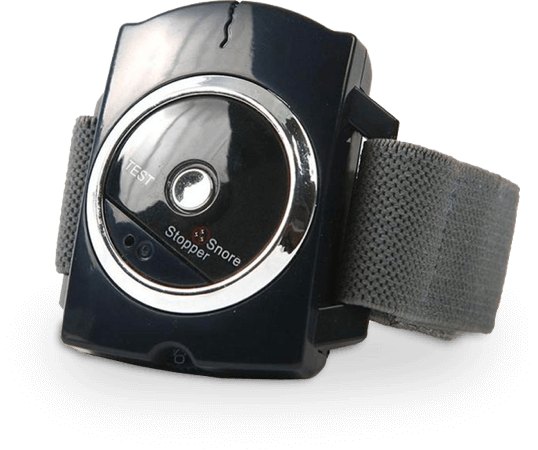 Front of the Sleep Connection anti-snore wristband showing the test button and control dial