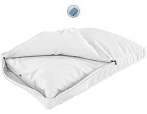 Sleepgram pillow unzipped to show the removable inner insert that adjusts the loft