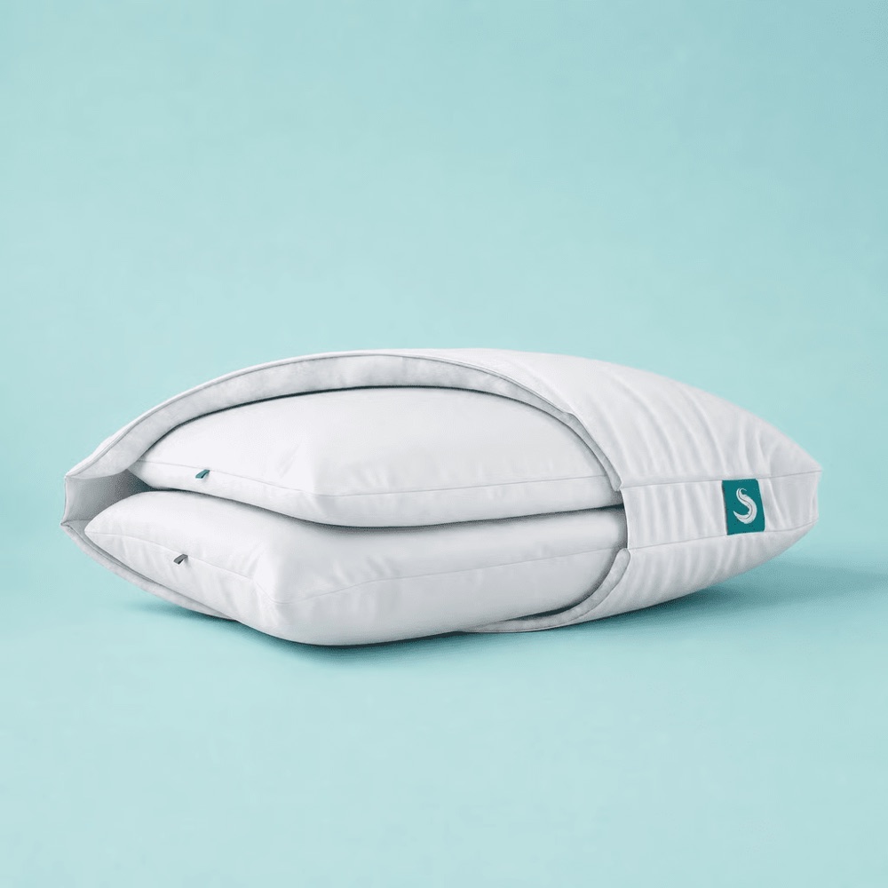 Sleepgram 3-in-1 pillow with its zippered cover holding a thin and a thick inner pillow