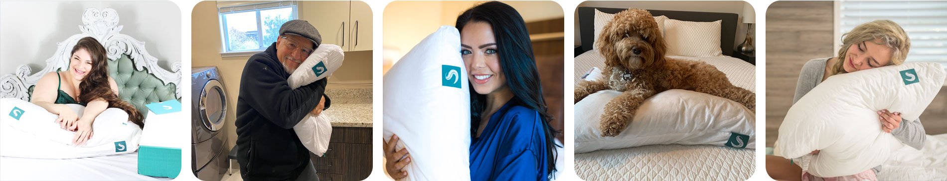 A row of real Sleepgram pillow owners resting on and hugging the white Sleepgram pillow
