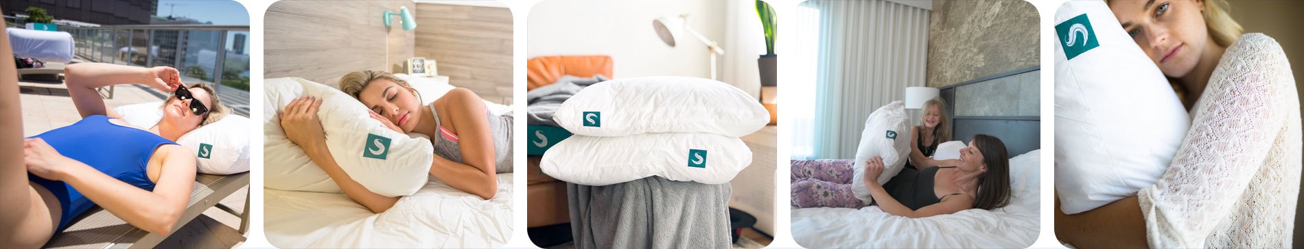 Several Sleepgram pillow owners using the white pillow in bedrooms and outdoors