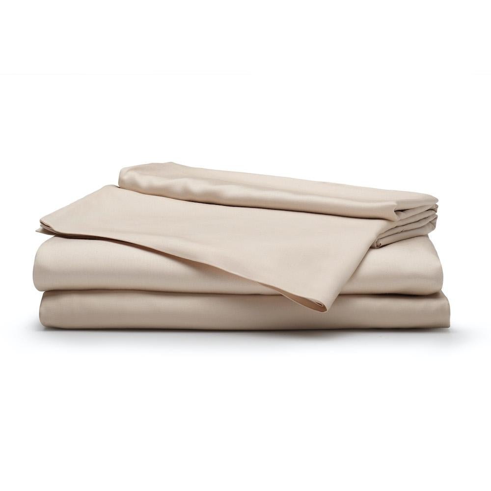Sleepgram bamboo viscose sheet set folded in sand beige