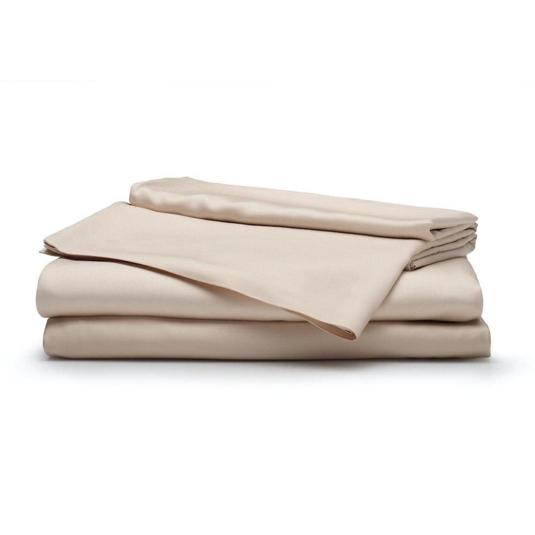 A folded set of Sleepgram bamboo sheets in the sand colorway