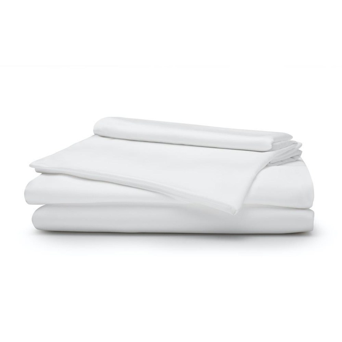 A folded set of Sleepgram white bamboo sateen sheets showing the smooth weave