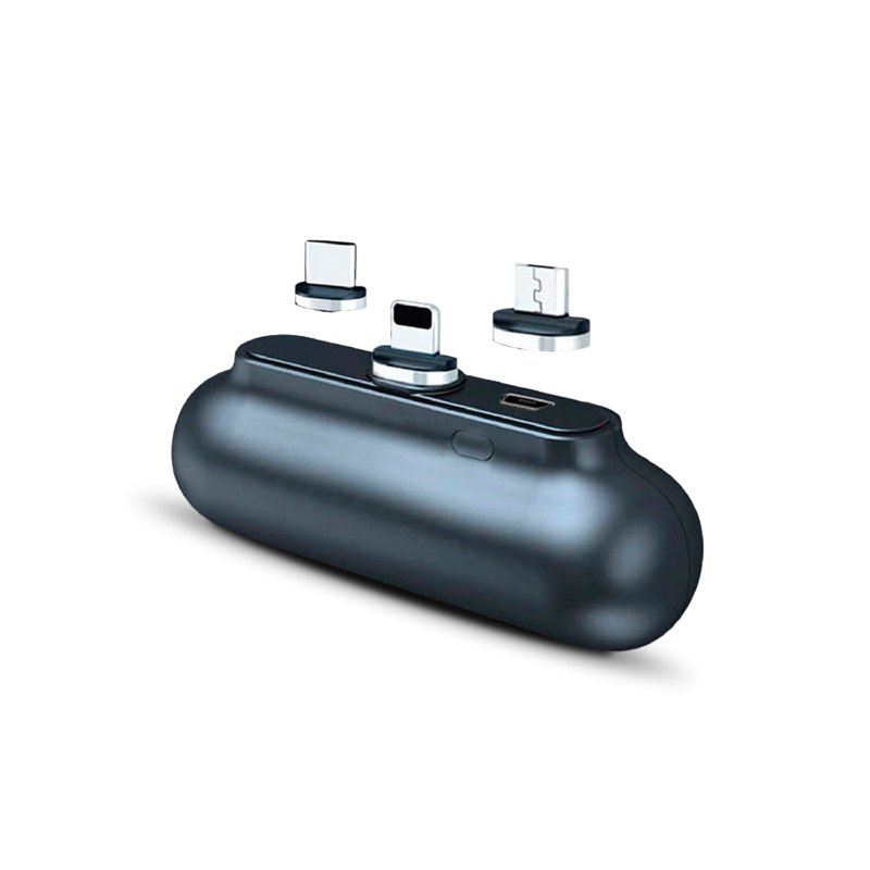 The Snap-N-Charge magnetic mini power bank shown with its three snap-on charging tips