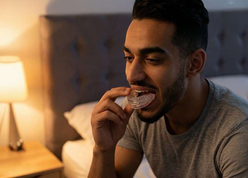 Man fitting the SnoreRX mandibular advancement mouthpiece