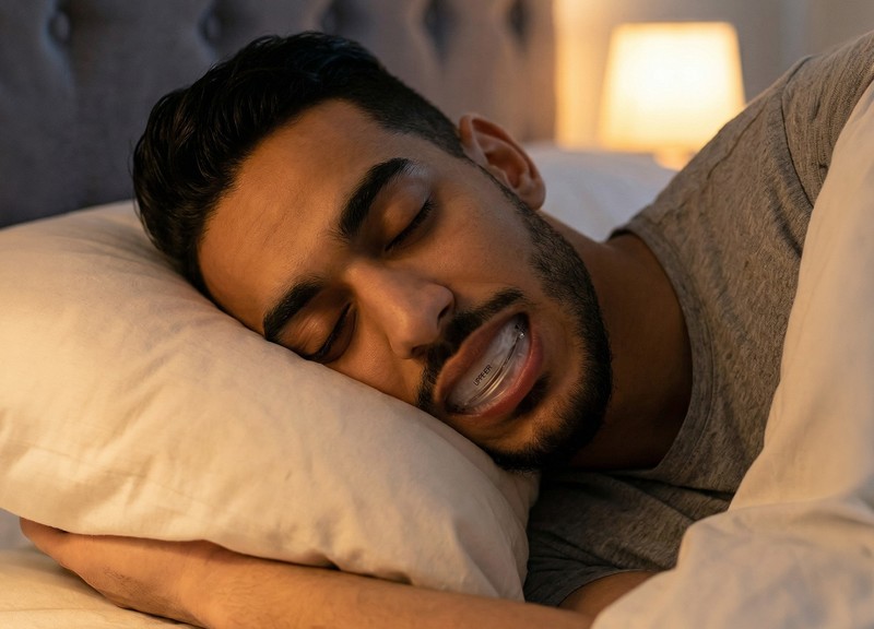 Man sleeping while wearing the SnoreRX anti-snoring mouthpiece