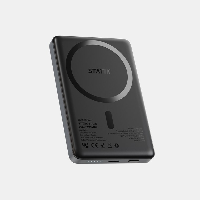 Back of the Statik State 10,000mAh magnetic power bank showing its MagSafe-compatible charging ring and spec label