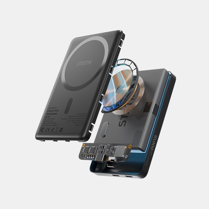 Cutaway view of the Statik State power bank showing its semi-solid battery, wireless charging coil, and circuit board