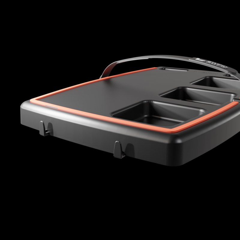 Close-up of the Stupid Car Tray's molded compartments, phone slot, and side hooks