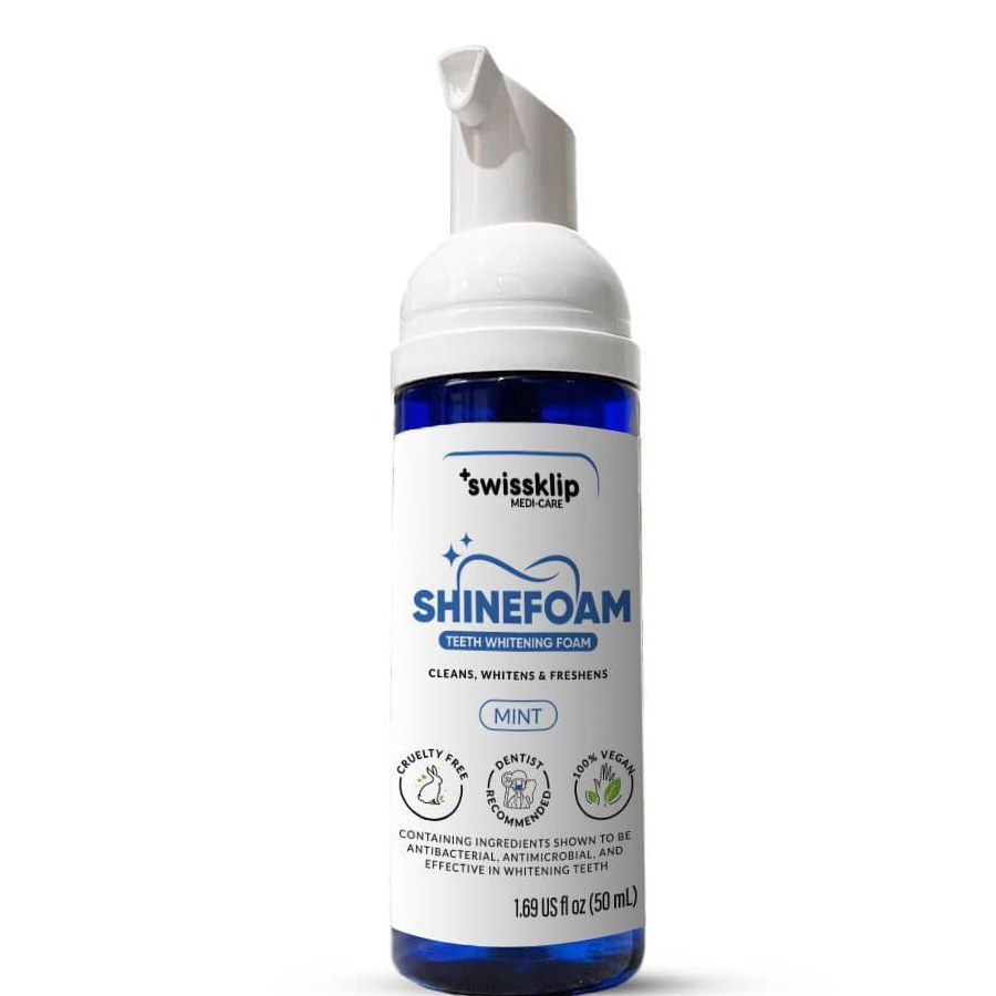 Swissklip ShineFoam teeth whitening foam in the mint flavor, 1.69 fl oz bottle