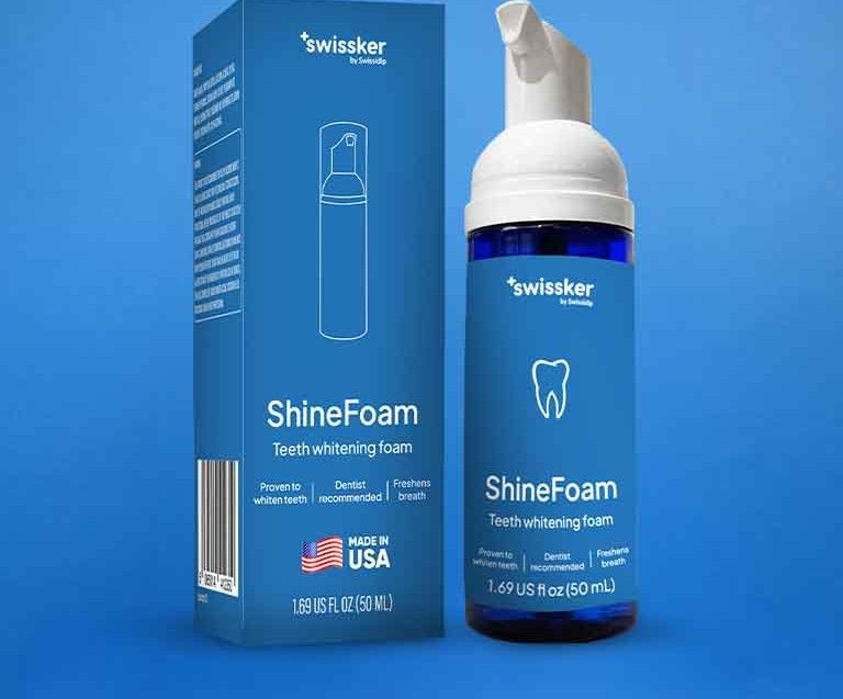 Swissklip ShineFoam teeth whitening foam bottle beside its box