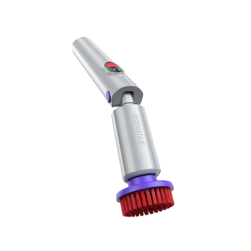 Synoshi Pro spin scrubber showing the adjustable-angle head joint and grip