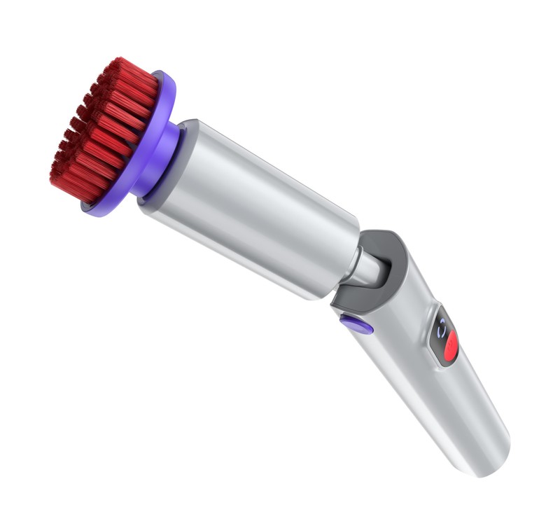 Synoshi Pro cordless spin scrubber handheld unit with the red brush head attached
