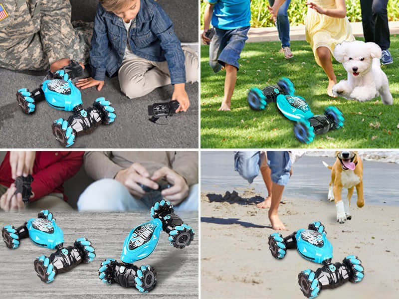The Orbi RC Car being played with on concrete, grass, an indoor floor and beach sand