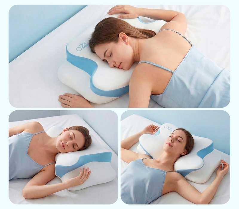 A three-panel view of a woman side-sleeping with her head and neck resting on the VelaSleep contour pillow