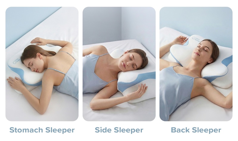 VelaSleep pillow shown supporting a sleeper in stomach, side and back positions
