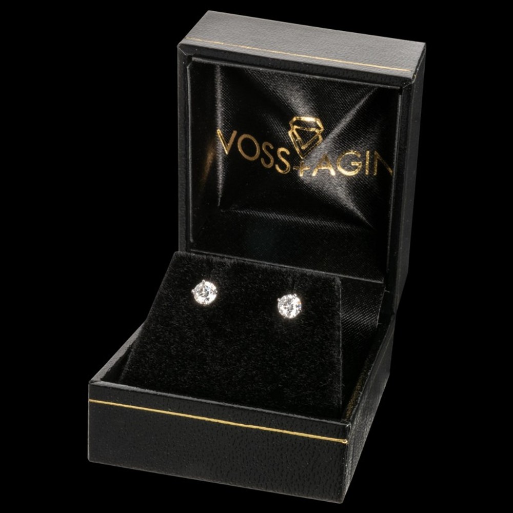 A pair of Voss+Agin diamond studs presented in a branded Voss+Agin gift box