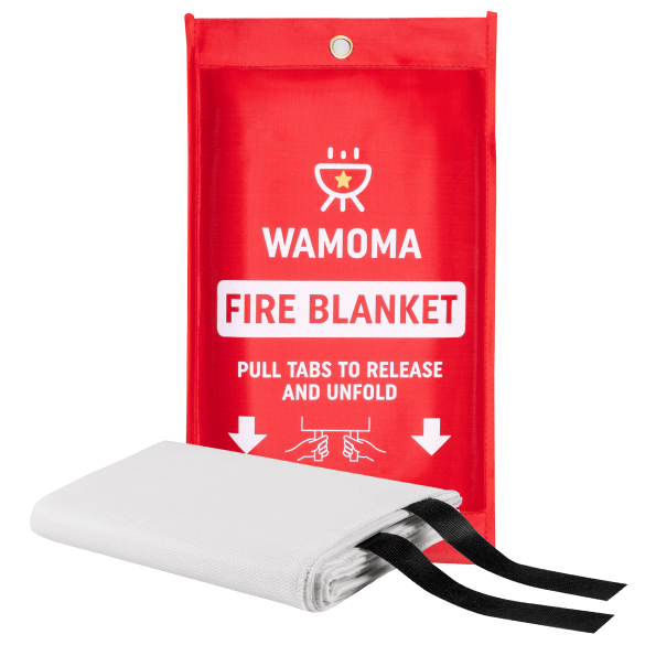 Wamoma fire blanket in its red wall pouch beside the folded white fiberglass blanket