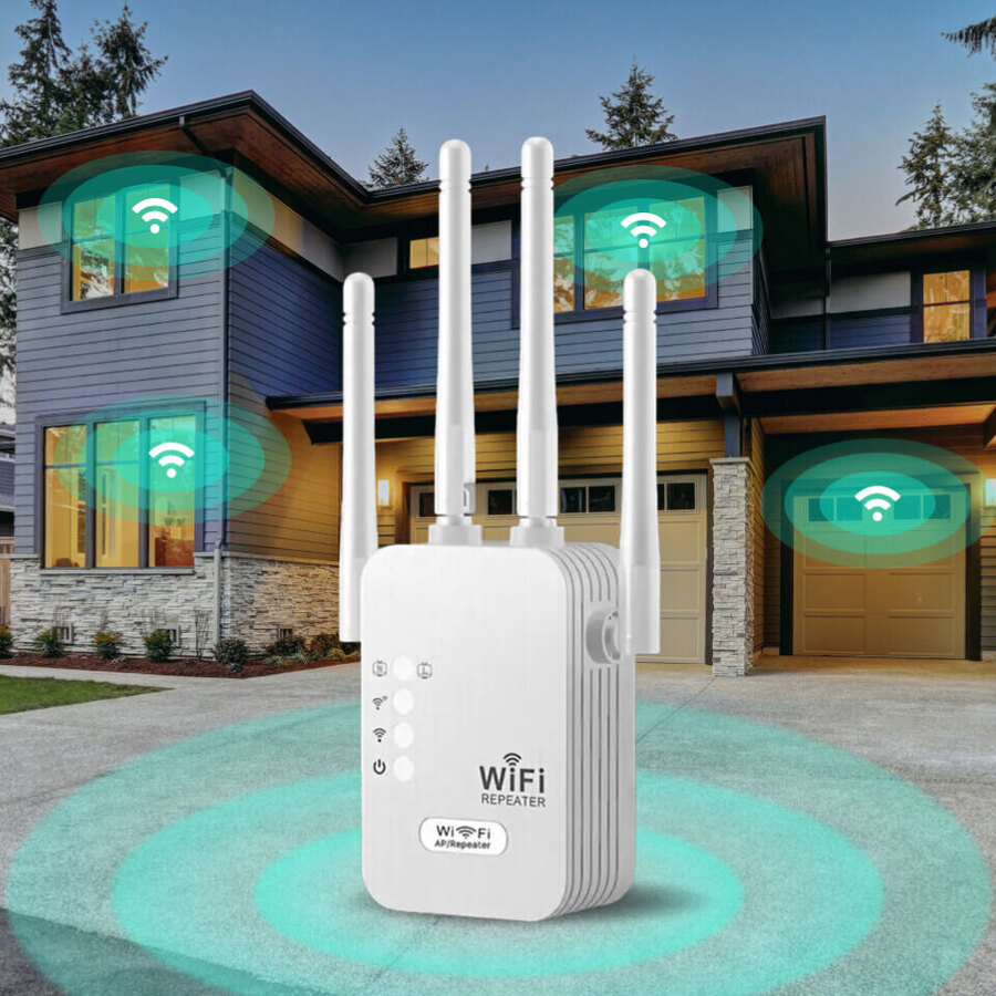 WiFi Boost Pro extender spreading WiFi coverage across a two-story home