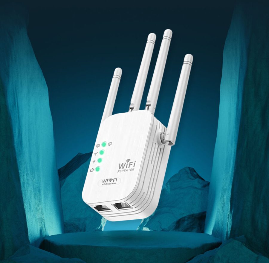 WiFi Boost Pro dual-band WiFi range extender with its four external antennas